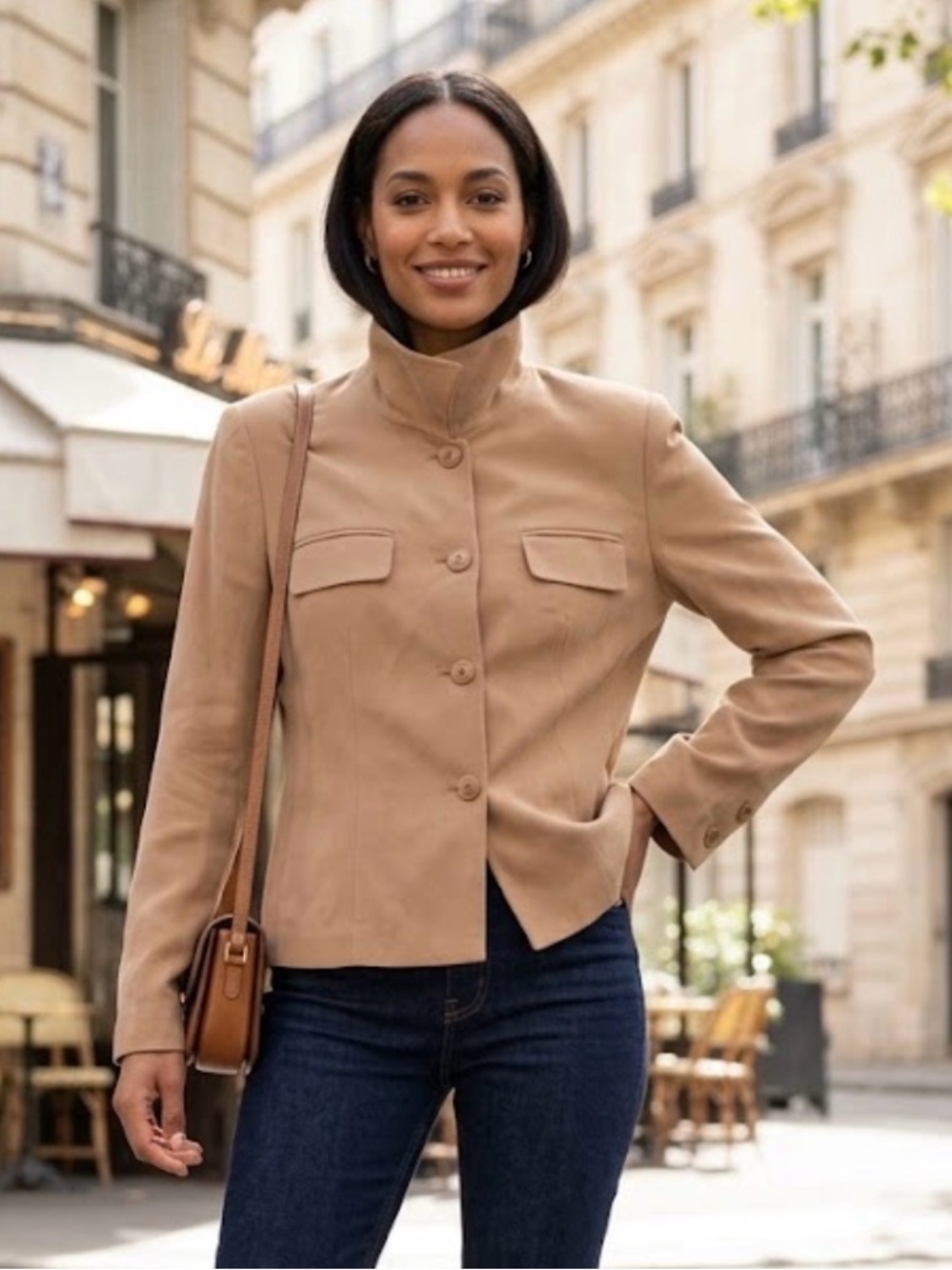 Charter Club Tan Stand Collar Button Jacket A55